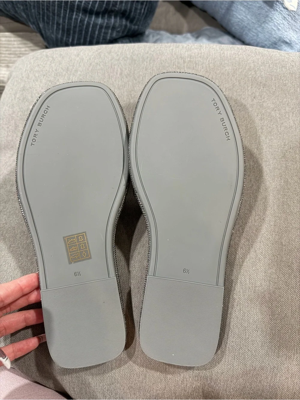 Tory Burch Metallic Silver Logo Slide Sandals
